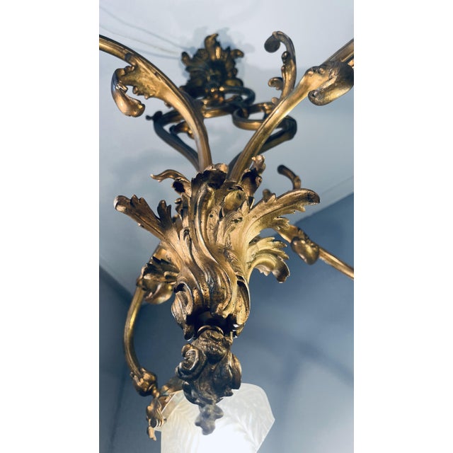 Art Nouveau Golden Chandelier with Frosted Glass Shades For Sale - Image 16 of 18