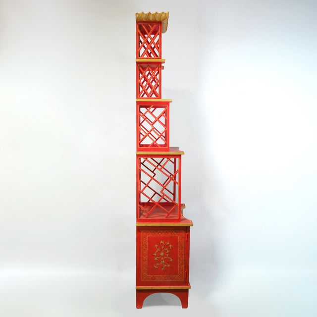 Early 21st Century Vintage Chinoiserie Red Lacquer Duchess of Windsor Style Pagoda Etagere Cabinet For Sale - Image 5 of 18