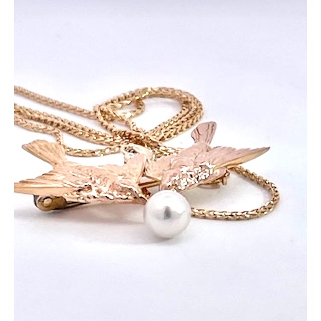 1950s Double Bird Brooch Pendant W/Pearl 14k For Sale - Image 9 of 9