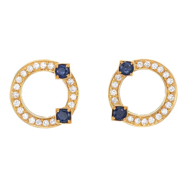 Sapphire Diamond Earrings Vintage 18k Yellow Gold Circle Studs Fine Jewellery - 2 Pieces For Sale