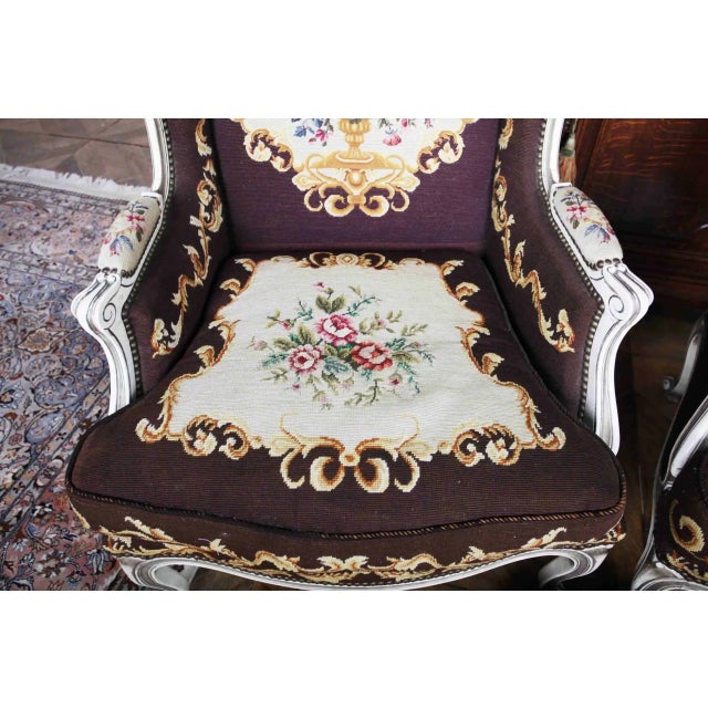 Louis XV High-Backed Armchairs and Ottoman, Set of 3 For Sale - Image 3 of 9