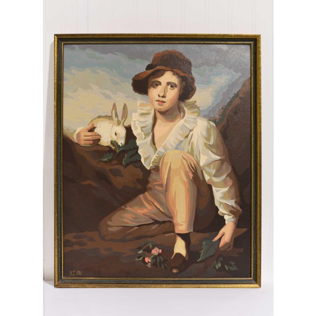 This charming portrait is a Mid Century Oil on Canvas Boy and Rabbit Reproduction of Original by Sir Henry Raeburn 1814....