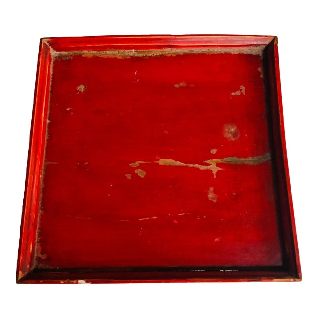 19th Century Chinese Elmwood Red Lacquer Tea Tray - Hand Made & Hand Painted For Sale