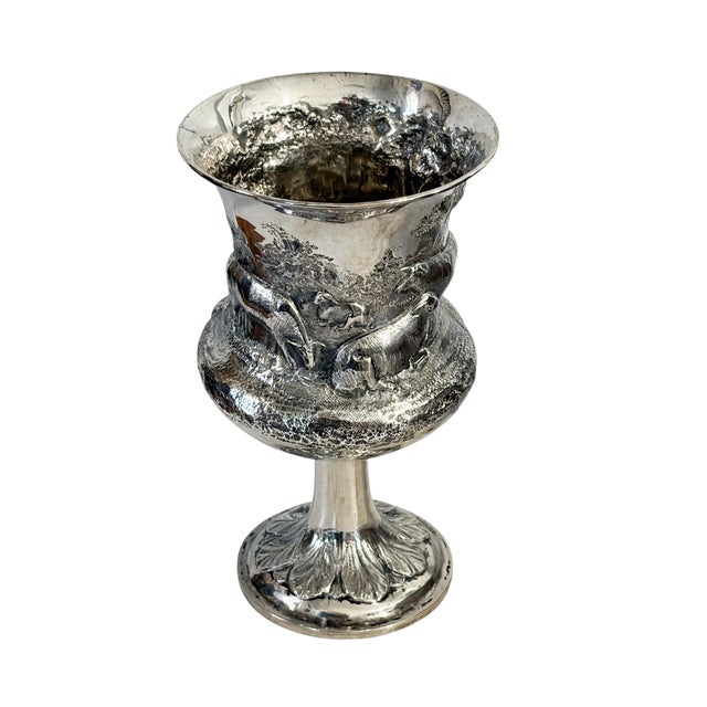 Antique English Sterling Silver Goblet W/Repoussé Pastoral/ Rural Animal Scenes 7" H For Sale In New York - Image 6 of 9