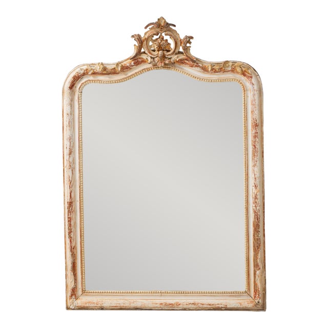 19th Century French Wood White Patinated Mirror For Sale