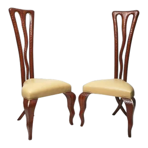Christopher Guy Pair of 1990's Side Chairs in Mahogany With Crossed Legs and Leather Seat