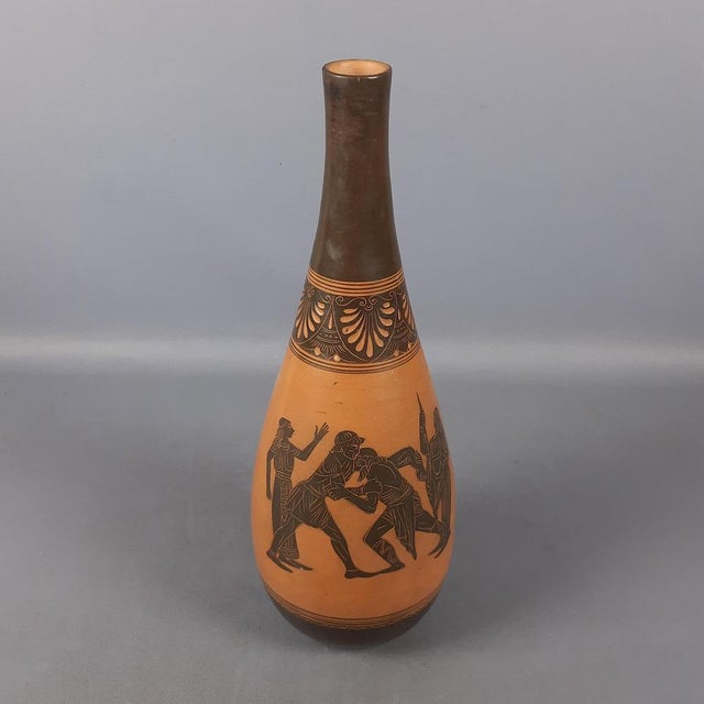 Greek Terracotta Vase with Ancient Fighting Mythological Black Figures For Sale - Image 5 of 12