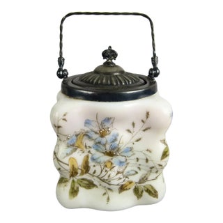 Late 19th Century Wavecrest Opal Ware Biscuit Jar by c.f. Monroe Hand Painted Floral Design With Silver Plated Handled Lid For Sale