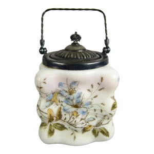 Late 19th Century Wavecrest Opal Ware Biscuit Jar by c.f. Monroe Hand Painted Floral Design With Silver Plated Handled Lid
