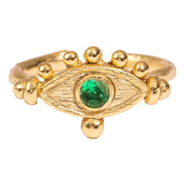 Mystic Emerald Evil Eye Gold Adjustable Band Ring, Size 8 For Sale