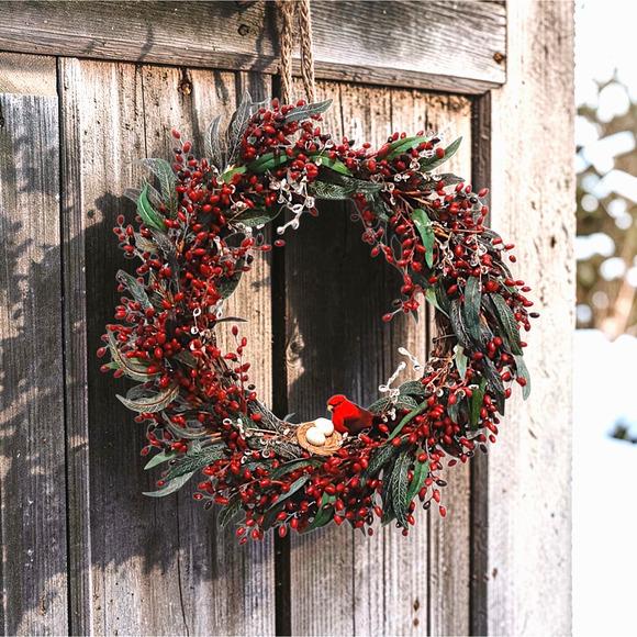 Glass Winter Berries Door Wreath Realistic Red Cardinal‎ Egg Nest Holiday Ice Crystals For Sale - Image 7 of 15