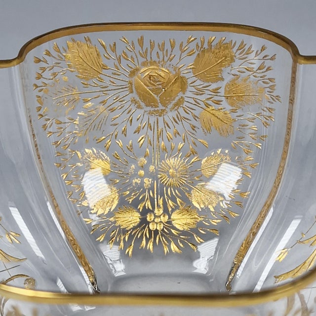 Antique Quatrefoil Gilded Glass Bowl Austrian Bohemian Cut Enamel Watteau Style For Sale - Image 16 of 17