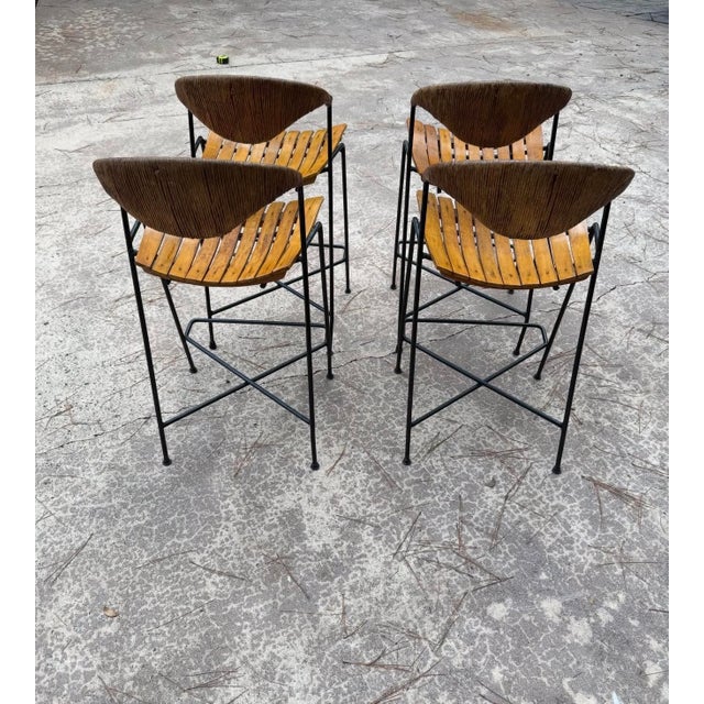 Arthur Umanoff Wrought Iron, Wicker and Wood Slatted Bar Stools by Arthur Umanoff for Raymor, 1950s For Sale - Image 4 of 7