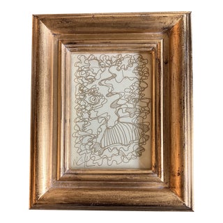 1980’s Original Vintage Small Wayne Cunningham Abstract Gold Ink Drawing Vintage Frame For Sale