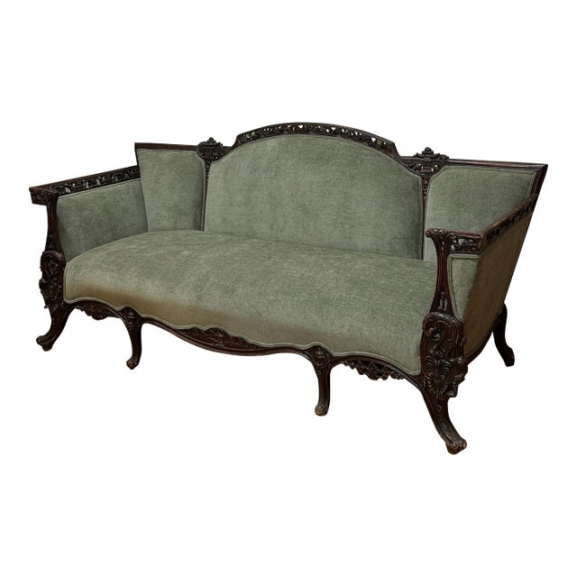 19th Century Antique Victorian Carved Dark Walnut Sofa For Sale