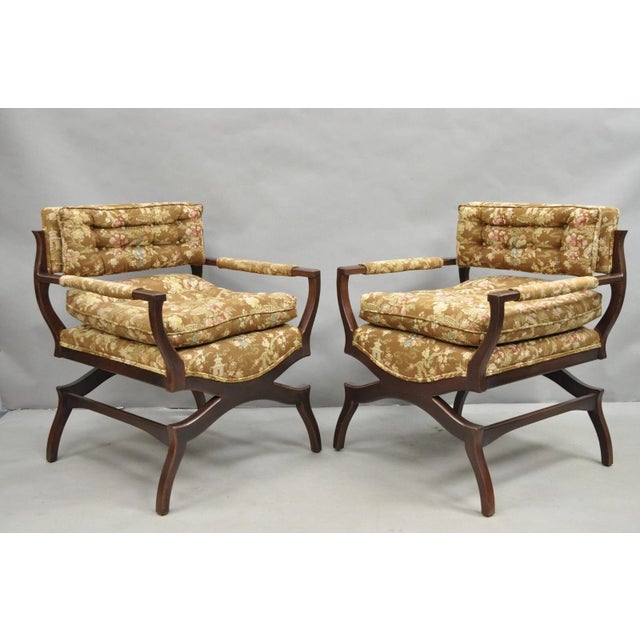 Mid 20th Century Vintage Hollywood Regency Curule Wooden X-Frame Lounge Arm Chairs - A Pair For Sale - Image 11 of 11