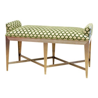 Canadian Post Modern Upholstered Stainless Steel Bench With X-Stretchers For Sale