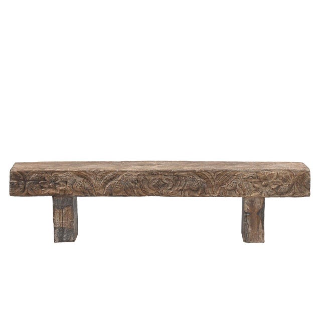 Farmhouse Indian Carved Front Rustic Teakwood Bench For Sale - Image 3 of 4