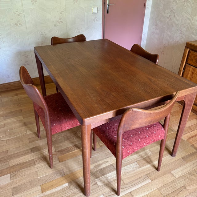 Vintage 1960s extendable dining table and four chairs, designed by Henning Kjaernulf for Vejle Stole og Møbelfabrik,...