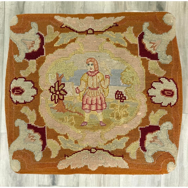 Rustic European Antique French Louis XV Style Carved Wood Figural Needlepoint Footstool For Sale - Image 3 of 15