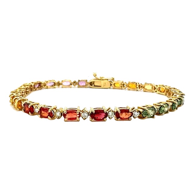8.83 Carat Multi-Color Sapphire Diamond Yellow Gold Tennis Bracelet For Sale