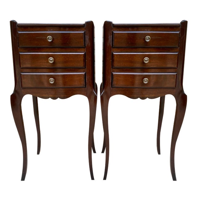 Early 20th Century Dark Oak Nightstands with Three Drawers, 1940s, Set of 2 For Sale