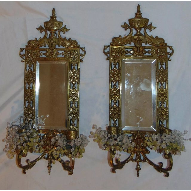 Metal 19thc French Antique Louis XVI Style Bronze "Dolphin, Koi" Beveled Mirror Wall Sconces - Original Unelectrified State a - Pair For Sale - Image 7 of 12