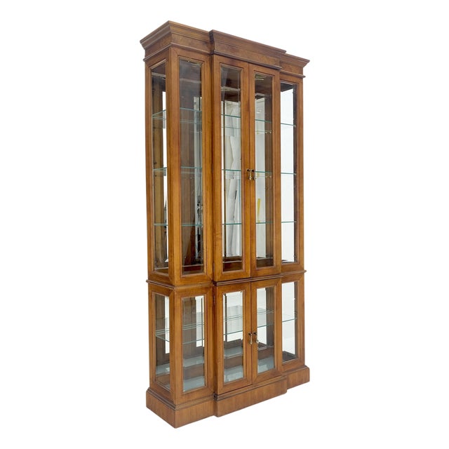 Mid Century Burl Wood Glass 38" Wide 76" Tall Curio Display Cabinet Vitrine MINT For Sale