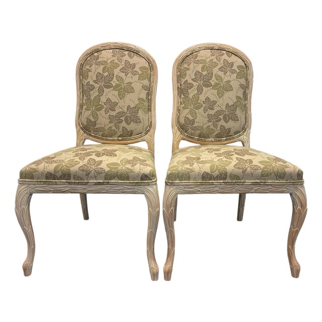 Vintage Faux Bois Carved Side Chairs in Botanical Upholstery, a Pair For Sale