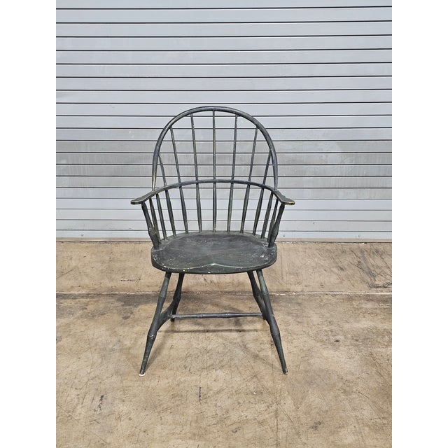 2000 - 2009 Green Sack Back Windsor Arm Chair Distressed Finish Bench Made For Sale - Image 5 of 8