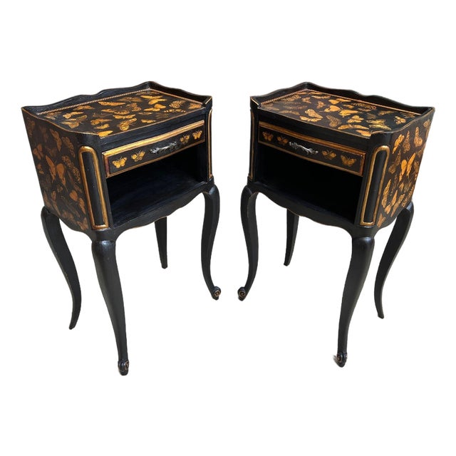 Pair French Bedside Cabinets Chinoiserie Butterfly Gilt Lacquer Tables For Sale