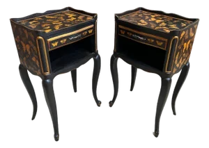 Pair French Bedside Cabinets Chinoiserie Butterfly Gilt Lacquer Tables