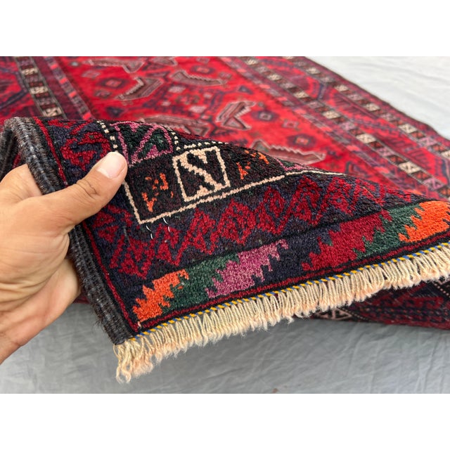 Textile 3'10" X 7'10" Vintage Afghan Hand-Knotted Baluchi Rug, Red Tribal Geometric Kitchen Rug For Sale - Image 7 of 12