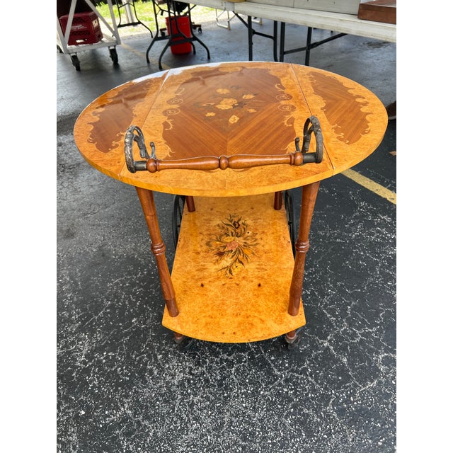 Vintage Italian Marquetry Two Tier Drop-Leaf Dessert/Bar Cart Trolley, Tea Cart For Sale - Image 4 of 10