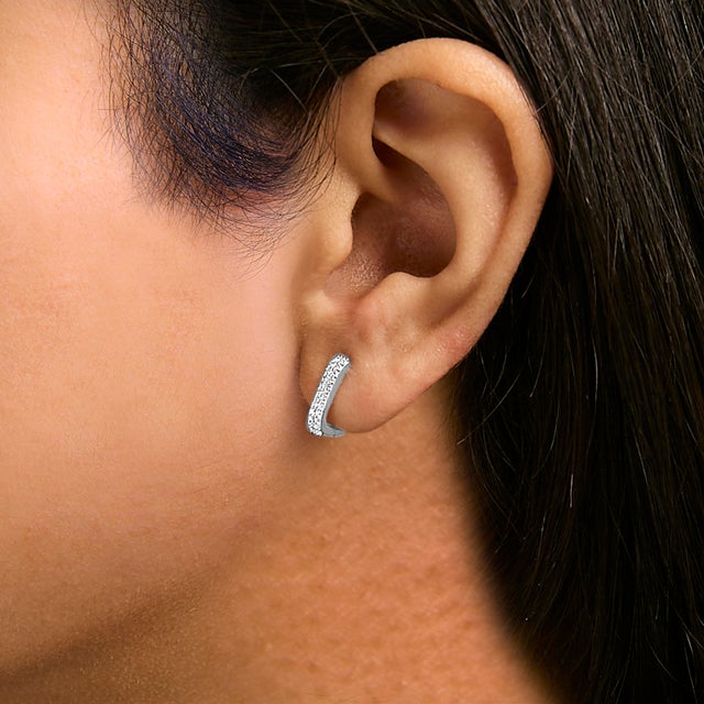 10K White Gold 1/4 Cttw Lab Grown Diamond Double Row Huggie Hoop Earrings For Sale - Image 4 of 5