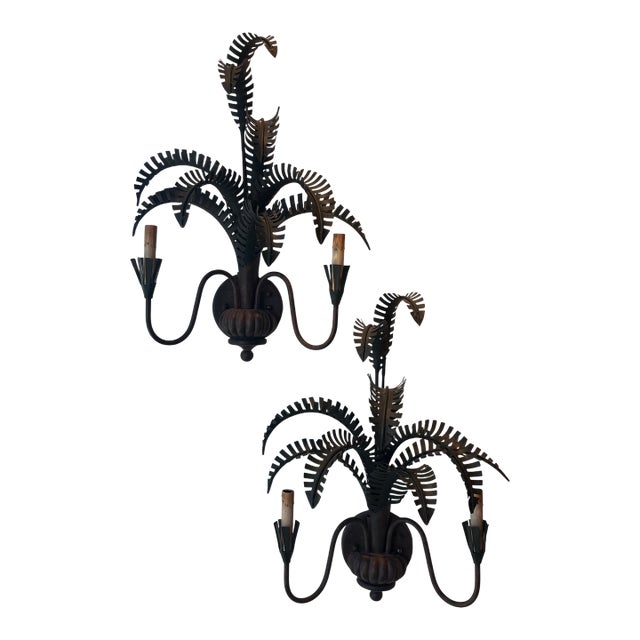 Vintage Pair Palm Tree Frond Leaf Wall Light Sconces Metal Tole Tropical Coastal For Sale