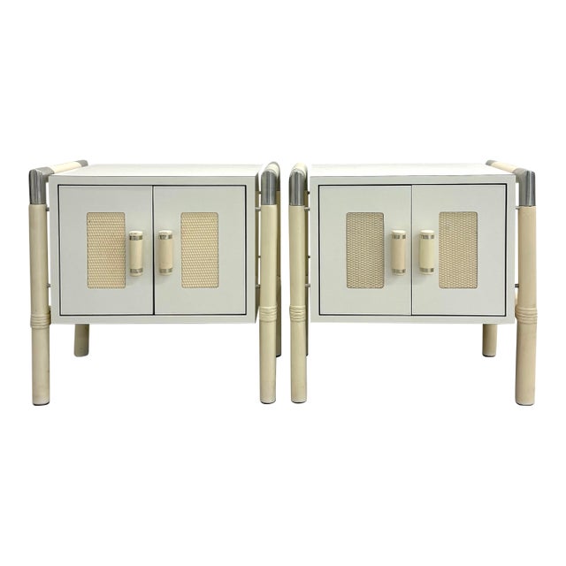 Vintage Postmodern Faux Bamboo & Cane Bedside Tables – Pair For Sale