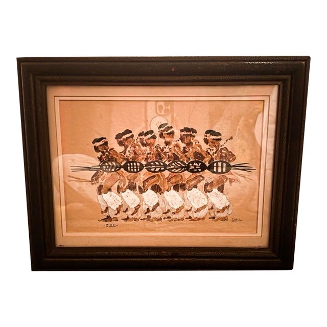 Mid 20th Century Cowhide Framed and Signed Zulu Warrior Art by JPM Silver. For Sale