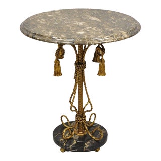 1960s Vintage Italian Hollywood Regency Tassel Gold Iron Round Marble Top Small Side Table For Sale