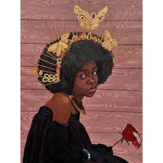 Persistence of Expectations by Joseph Idowu | Acrylic on canvas portrait of a woman with butterflies. For Sale