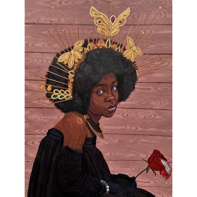 Persistence of Expectations by Joseph Idowu | Acrylic on canvas portrait of a woman with butterflies. For Sale