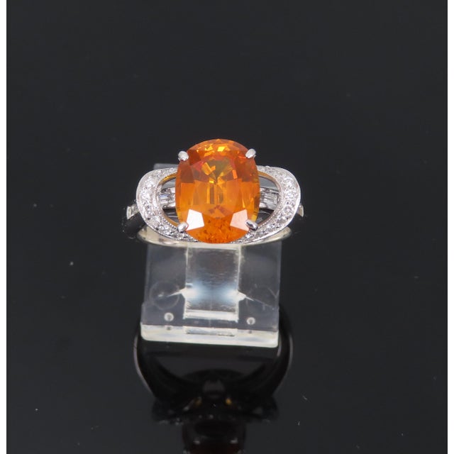 Modern Late 20th Century 4.49ct Gia Vivid Orange Sapphire & 0.51ct Diamond Platinum Ring Size 6.5 8.1gr For Sale - Image 3 of 12