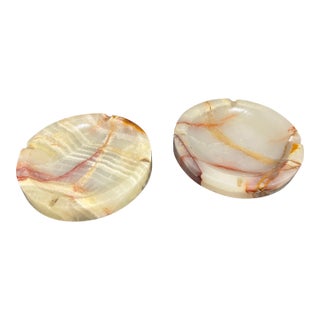 Ashtray - Catchall Vintage Mid Century Banded Onyx Stone Ashtray Pair - Cream & Brown Marbled Catchall, Trinket Dish, Crystals Home Decor Set For Sale