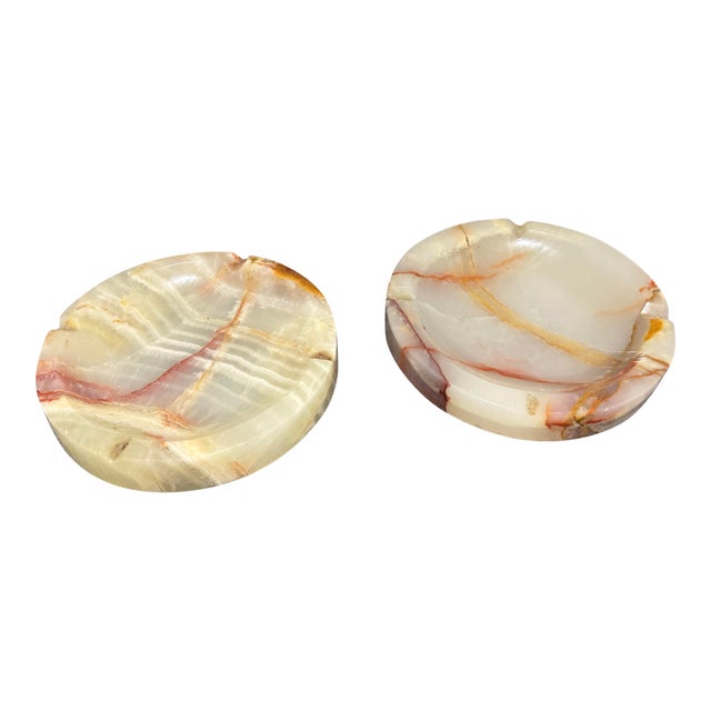 Ashtray - Catchall Vintage Mid Century Banded Onyx Stone Ashtray Pair - Cream & Brown Marbled Catchall, Trinket Dish, Crystals Home Decor Set For Sale