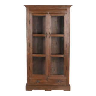 Vintage Teak Wood Cabinet | Antique Indian Armoire | Glass Front Display Cabinet | Rustic Home Decor For Sale