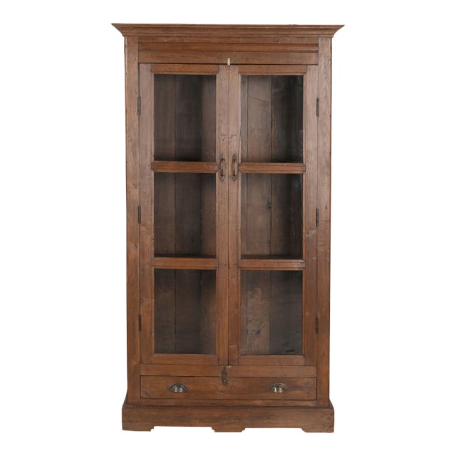 Vintage Teak Wood Cabinet | Antique Indian Armoire | Glass Front Display Cabinet | Rustic Home Decor For Sale