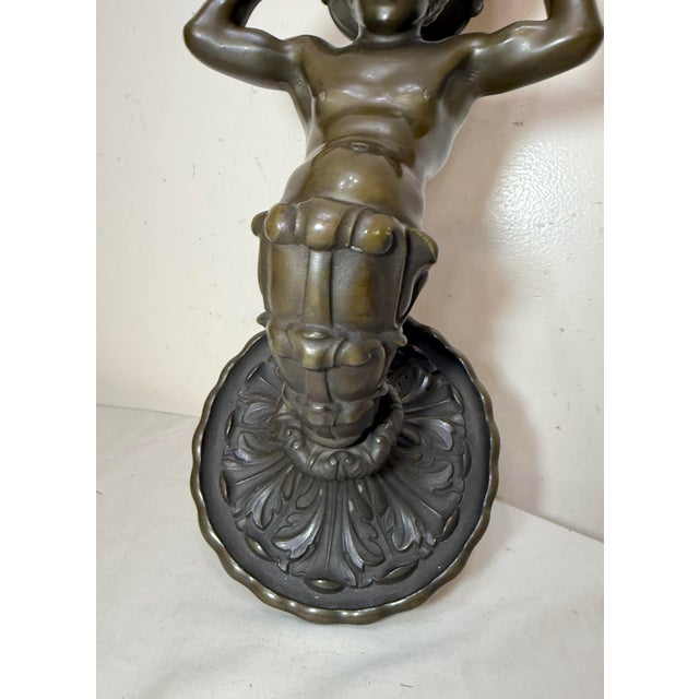 Antique Figural Patinated Bronze Man Wall Sconce Fixture Millefiori Glass Shade For Sale - Image 4 of 17