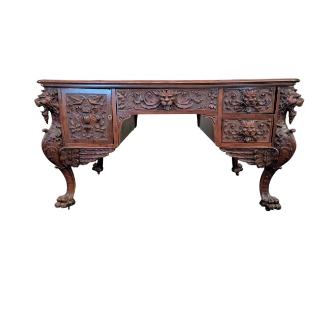 Antique Rj Horner-Style Mahogany Partners Desk With Winged Griffins For Sale - Image 10 of 12