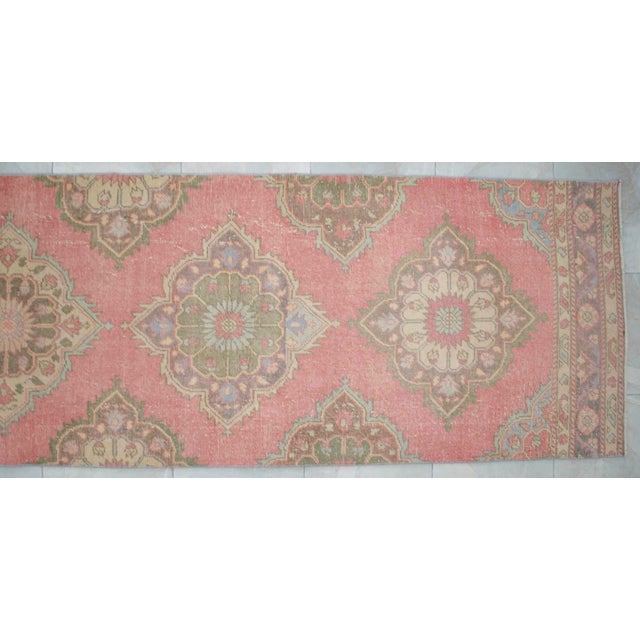 1960s Traditional Turkish Runner Rug Hand Knotted Distressed Low Pile Pink Hallway Decor For Sale - Image 10 of 13