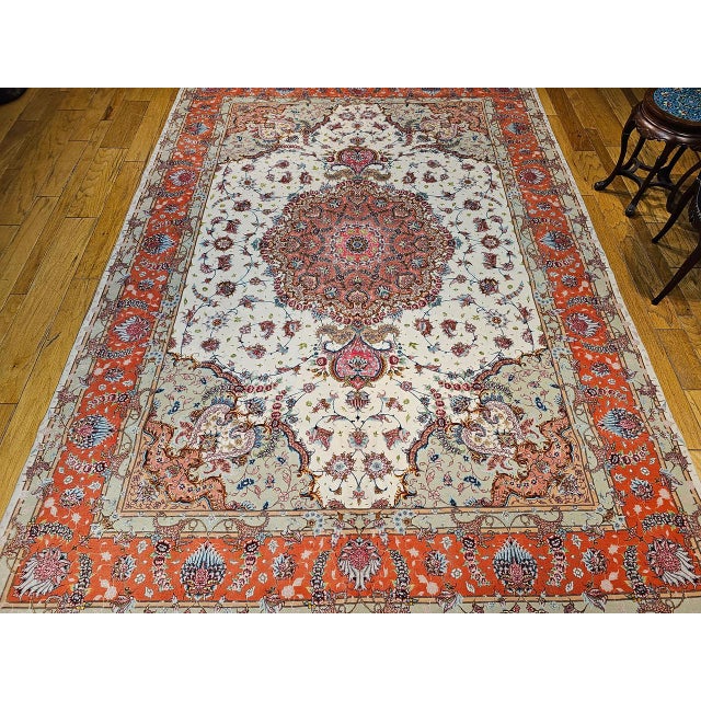Textile Vintage Persian Tabriz Rug, Hand-Knotted Wool & Silk, Floral Pattern, Ivory & Pink, 8x12 For Sale - Image 7 of 18